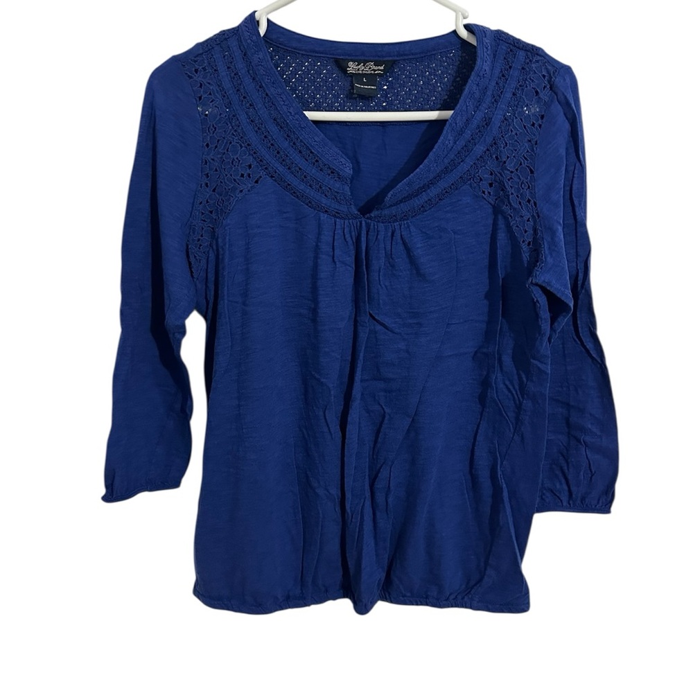 Lucky Brand Royal Blue Lace Trim Top Women’s Large Boho Casual EUC